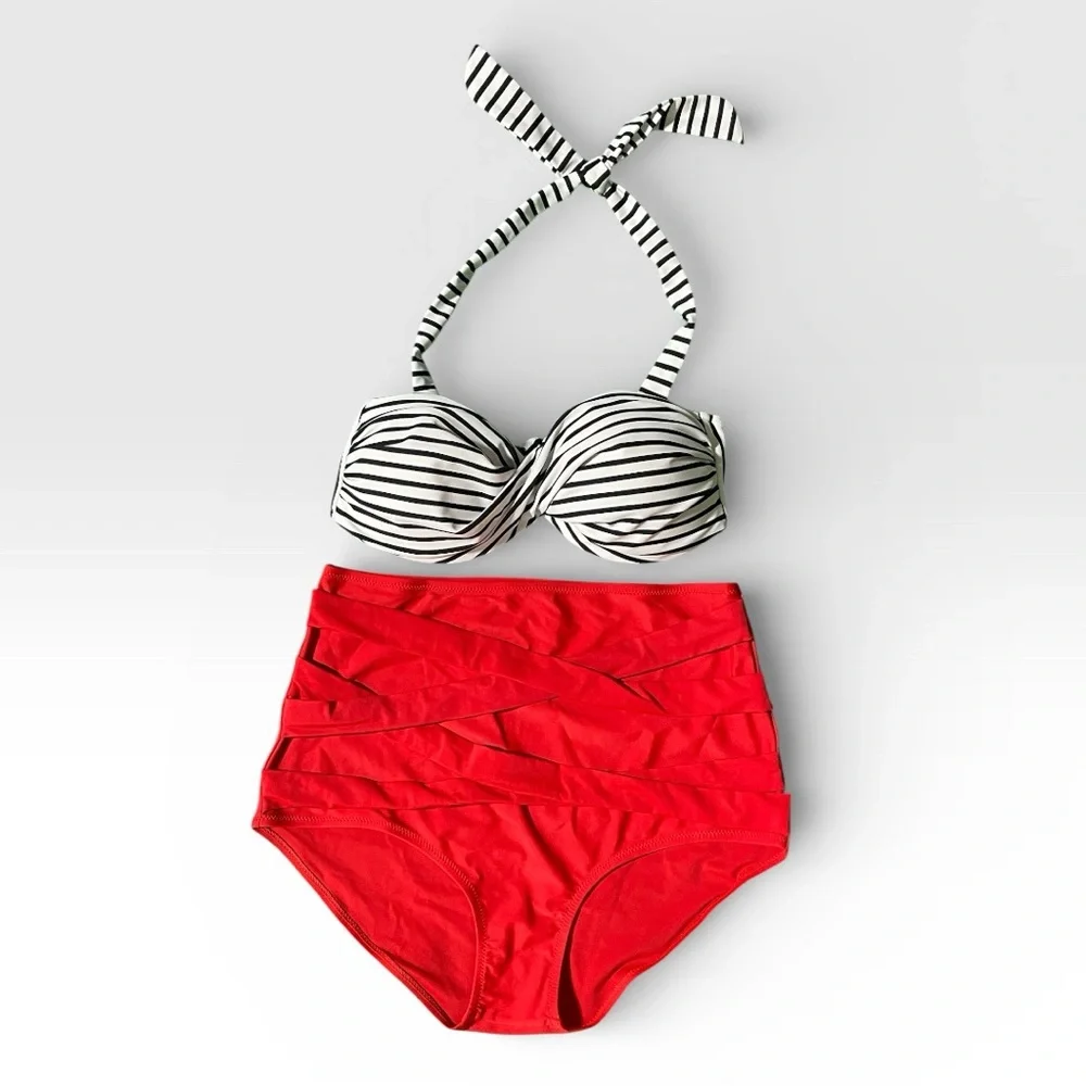 Elegant Black and White Striped Bikini with Red High-Waisted Bottoms - Picture 5 of 6